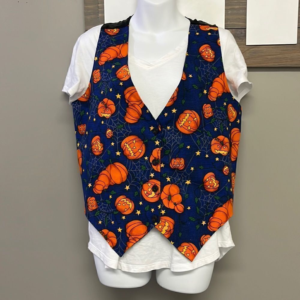 Halloween Pumpkin, Spider Web Fashion Blue, Orange, Green, Yellow Button Up Vest